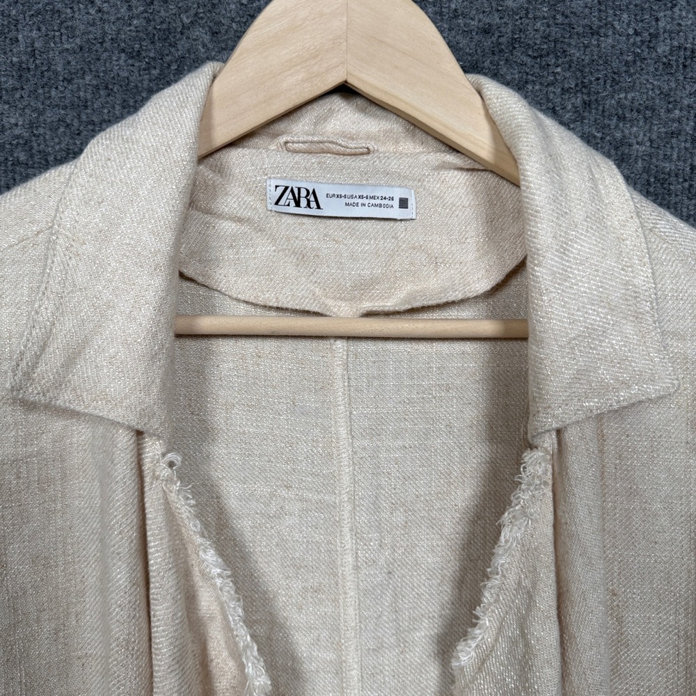Zara Size XS Cardigan Duster Cream Linen Blend Kimono Fringe Oversized Lagenlook - Picture 5 of 9